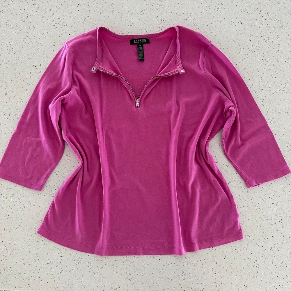 Lauren Ralph Lauren Womens 2X Pink Quarter Zip 3/4 Sleeve Top Pullover